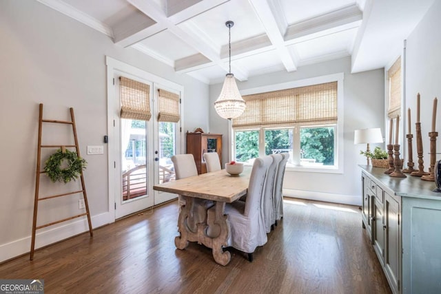 1753 Russell St SE, Atlanta, GA 30316 - dining space featuring dark wood-style floors, beam ceiling, coffered ceiling, baseboards, and a chandelier