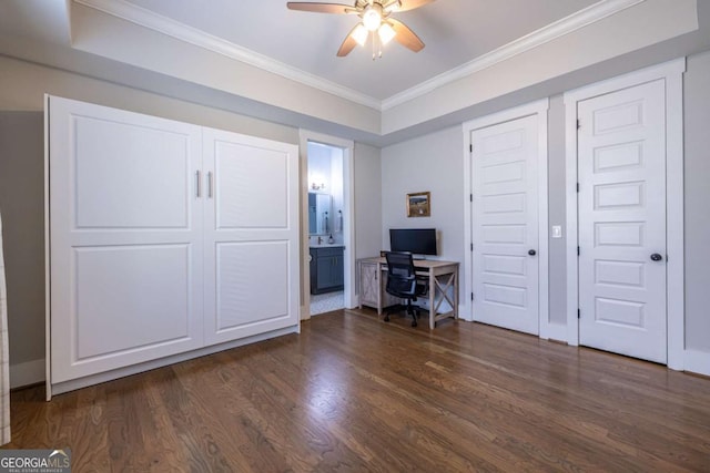 1753 Russell St SE, Atlanta, GA 30316 - office area featuring dark wood-style flooring, crown molding, and ceiling fan
