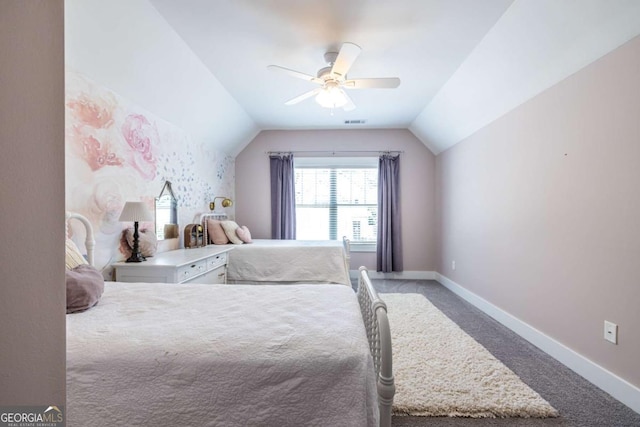 1753 Russell St SE, Atlanta, GA 30316 - bedroom featuring vaulted ceiling, carpet, baseboards, and ceiling fan