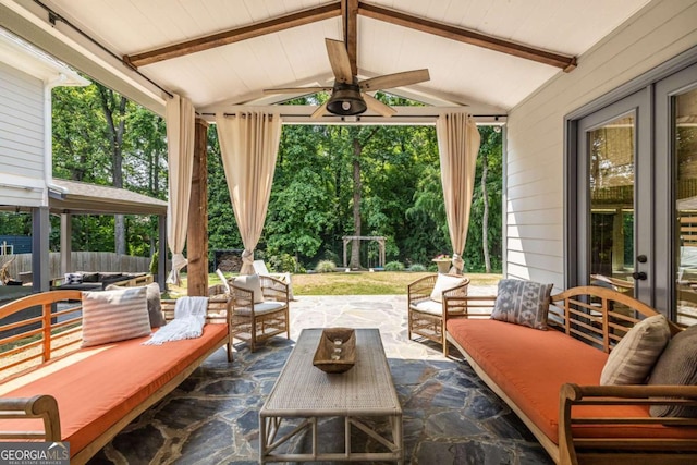 1753 Russell St SE, Atlanta, GA 30316 - view of patio / terrace with outdoor lounge area, a ceiling fan, french doors, and view of wooded area