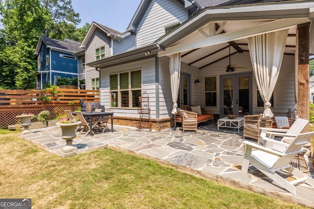 1753 Russell St SE, Atlanta, GA 30316 - back of property with french doors, a patio, a lawn, ceiling fan, and a deck