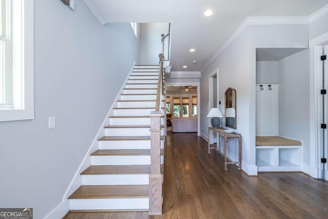 1753 Russell St SE, Atlanta, GA 30316 - staircase featuring ornamental molding, wood finished floors, recessed lighting, baseboards, and a ceiling fan