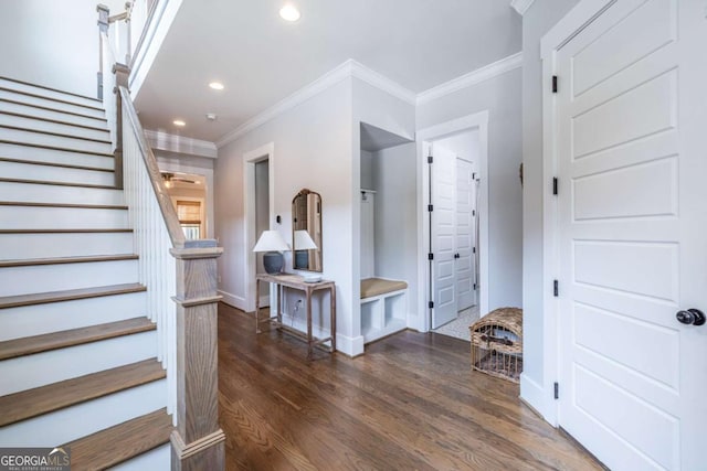 1753 Russell St SE, Atlanta, GA 30316 - foyer featuring ornamental molding, baseboards, wood finished floors, stairs, and recessed lighting