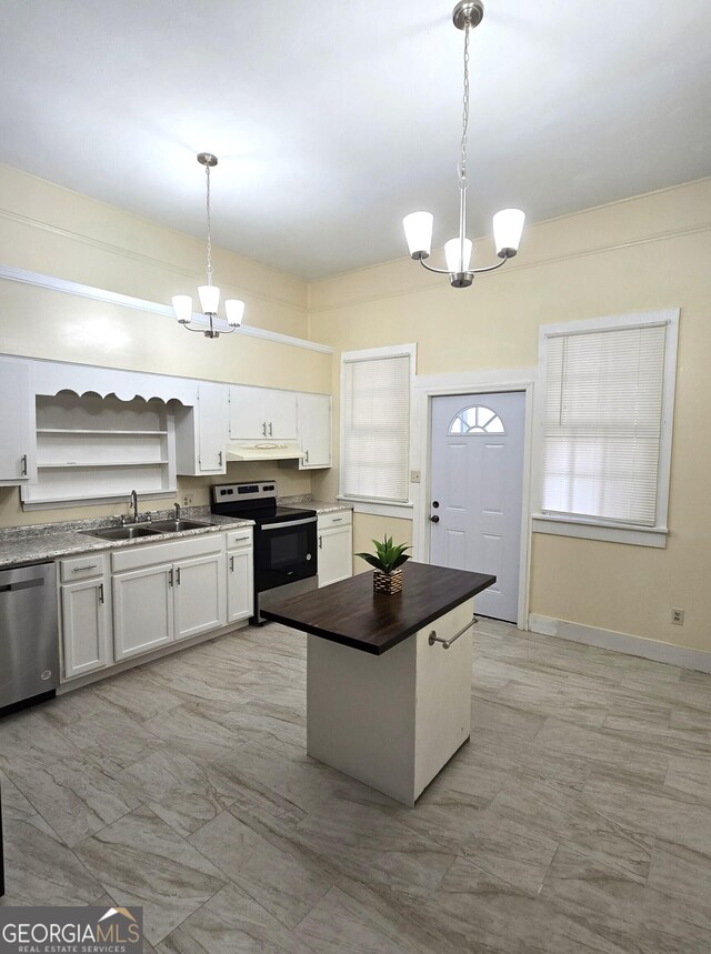 35 Cheatham St, Wadley, GA 30477 - kitchen featuring dishwasher, range with electric stovetop, a sink, a chandelier, and open shelves