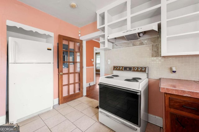 3956 Tell Rd SW, Atlanta, GA 30331 - kitchen with white appliances, open shelves, light tile patterned floors, and light countertops