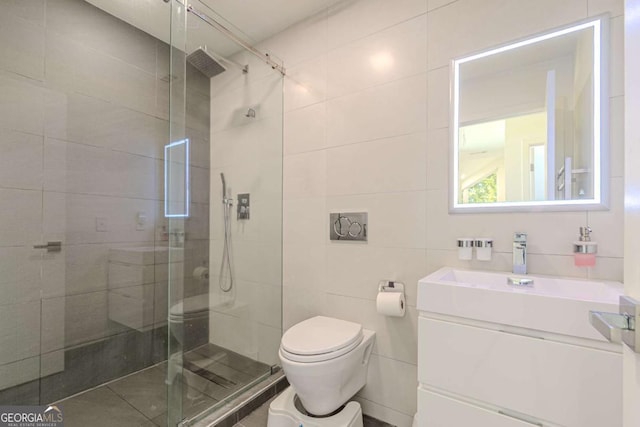 85 Lila Way, Dahlonega, GA 30533 - bathroom with toilet, vanity, a shower stall, and tile walls