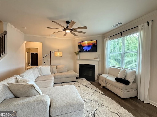 5996 Screech Owl Dr, Flowery Branch, GA 30542 - living area featuring dark wood finished floors, ornamental molding, a ceiling fan, a glass covered fireplace, and baseboards