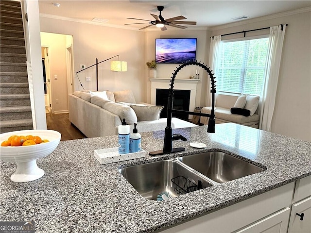 5996 Screech Owl Dr, Flowery Branch, GA 30542 - kitchen featuring open floor plan, a sink, ornamental molding, stone counters, and wood finished floors
