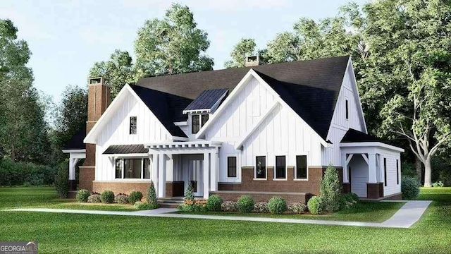 1045 Pine Bark Ln, Canton, GA 30114 - modern farmhouse featuring a chimney, board and batten siding, a front lawn, and a pergola