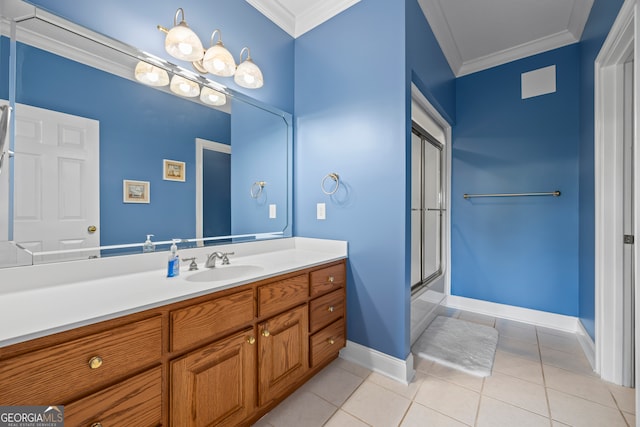 894 Oak Pointe Dr, Cleveland, GA 30528 - bathroom with vanity, a shower with shower door, ornamental molding, tile patterned flooring, and baseboards