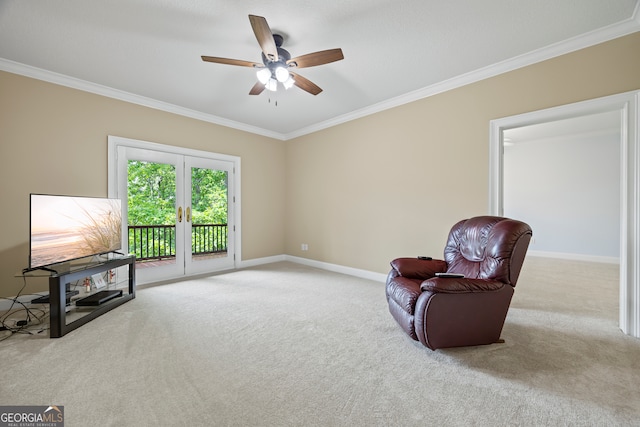 894 Oak Pointe Dr, Cleveland, GA 30528 - sitting room with carpet flooring, ornamental molding, a ceiling fan, and baseboards