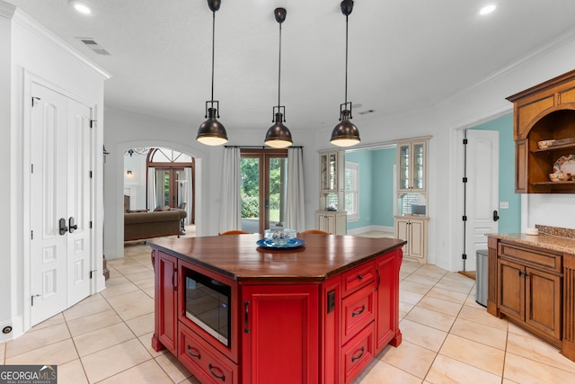353 Indigo Hills Rd, Pembroke, GA 31321 - kitchen featuring black microwave, open shelves, wooden counters, crown molding, and recessed lighting