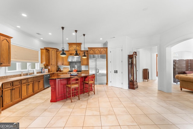353 Indigo Hills Rd, Pembroke, GA 31321 - kitchen with appliances with stainless steel finishes, a sink, range hood, a center island, and crown molding