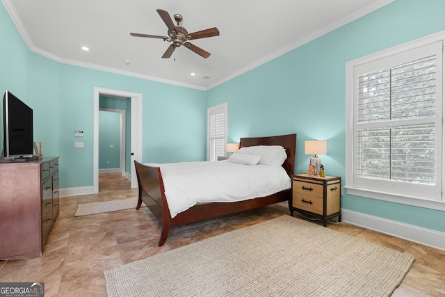 353 Indigo Hills Rd, Pembroke, GA 31321 - bedroom with crown molding, multiple windows, baseboards, ceiling fan, and recessed lighting