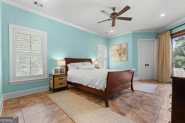 353 Indigo Hills Rd, Pembroke, GA 31321 - bedroom with baseboards, crown molding, light tile patterned floors, recessed lighting, and a ceiling fan