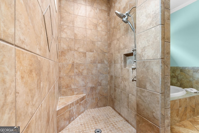 353 Indigo Hills Rd, Pembroke, GA 31321 - bathroom featuring ornamental molding, a bath, and tiled shower