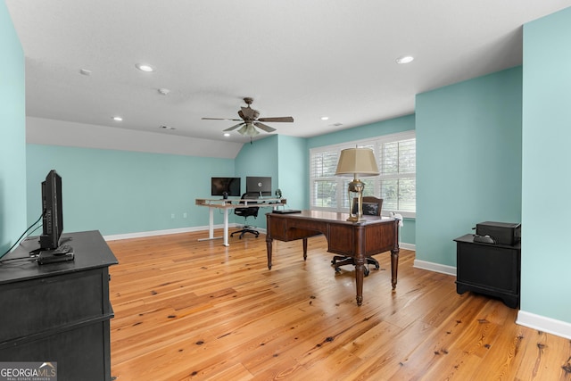353 Indigo Hills Rd, Pembroke, GA 31321 - home office with light wood-style floors, recessed lighting, baseboards, a ceiling fan, and vaulted ceiling