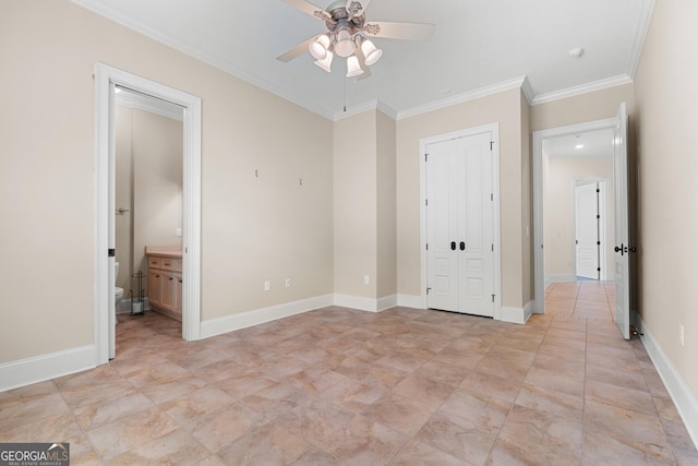 353 Indigo Hills Rd, Pembroke, GA 31321 - unfurnished bedroom featuring crown molding, ensuite bath, baseboards, and ceiling fan
