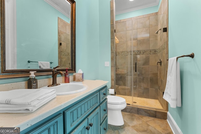 353 Indigo Hills Rd, Pembroke, GA 31321 - full bath with toilet, vanity, a stall shower, and ornamental molding