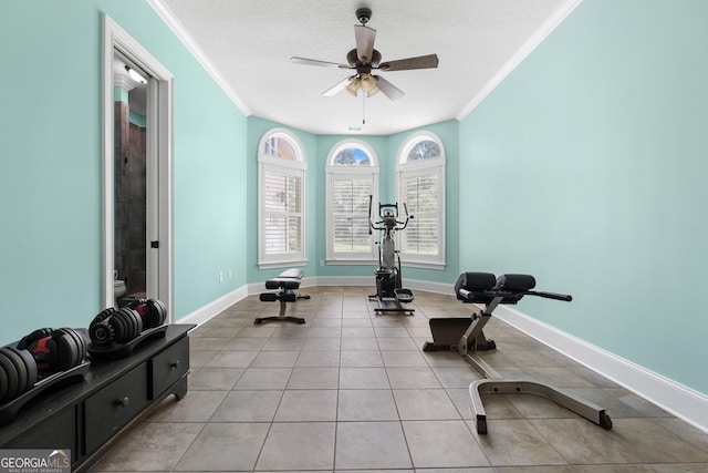 353 Indigo Hills Rd, Pembroke, GA 31321 - workout area with crown molding, a ceiling fan, baseboards, light tile patterned flooring, and a textured ceiling