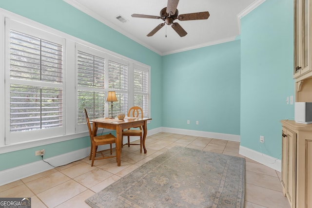 353 Indigo Hills Rd, Pembroke, GA 31321 - office space with ornamental molding, light tile patterned flooring, a ceiling fan, and baseboards