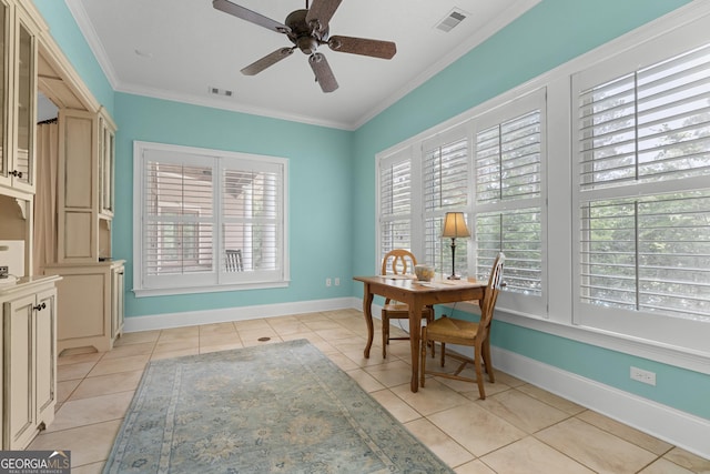 353 Indigo Hills Rd, Pembroke, GA 31321 - dining room featuring ornamental molding, light tile patterned floors, ceiling fan, and baseboards
