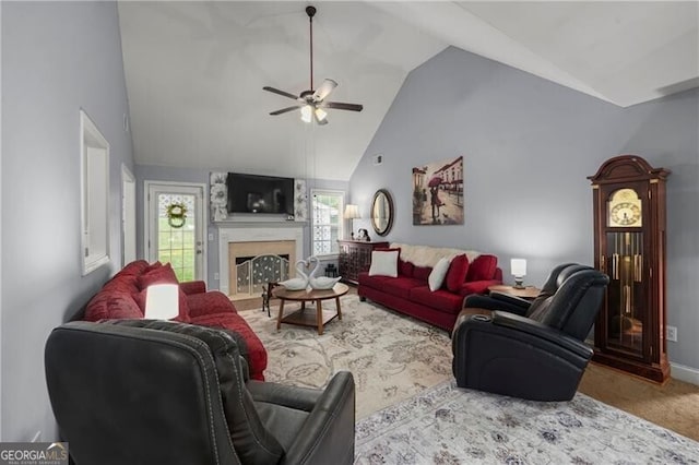 107 Hearthstone Walk, Woodstock, GA 30189 - living room featuring a ceiling fan, a fireplace, carpet flooring, and high vaulted ceiling