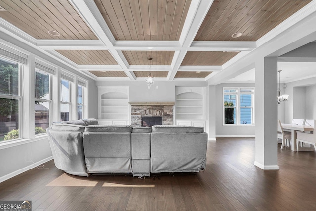 2029 Havenhurst Way, Auburn, GA 30011 - living area with coffered ceiling, a chandelier, dark wood-style flooring, baseboards, and plenty of natural light