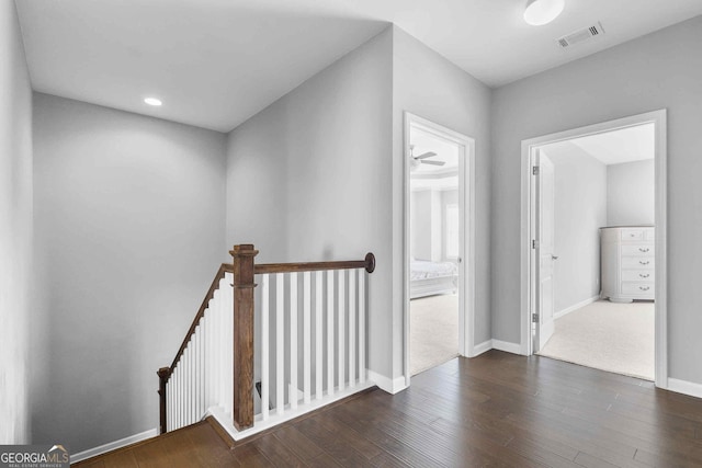 2029 Havenhurst Way, Auburn, GA 30011 - hallway with an upstairs landing, dark wood-style flooring, baseboards, and recessed lighting