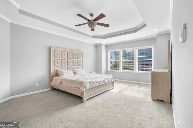 2029 Havenhurst Way, Auburn, GA 30011 - carpeted bedroom featuring a tray ceiling, crown molding, baseboards, ceiling fan, and recessed lighting