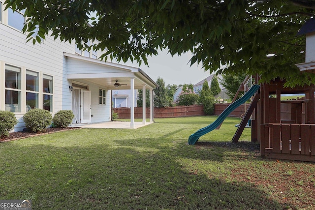 2029 Havenhurst Way, Auburn, GA 30011 - view of yard featuring a playground, a patio, and a ceiling fan