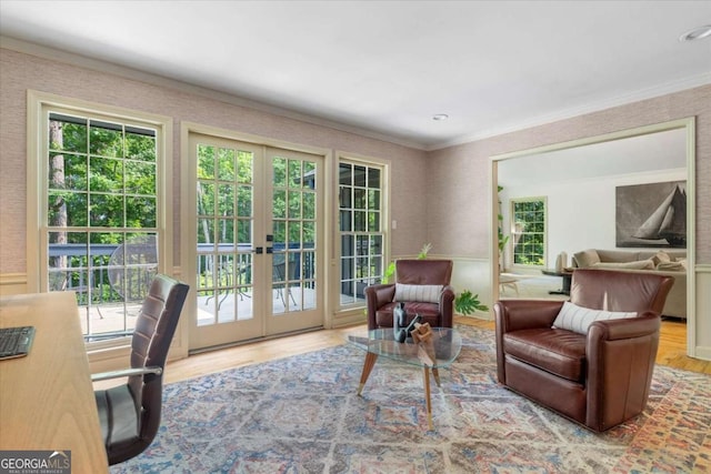 11785 Mountain Laurel Dr, Roswell, GA 30075 - office area with french doors, wood finished floors, ornamental molding, a wainscoted wall, and wallpapered walls