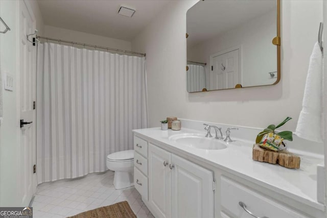 11785 Mountain Laurel Dr, Roswell, GA 30075 - bathroom featuring vanity, toilet, tile patterned flooring, and a shower with shower curtain