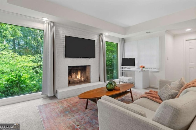 11785 Mountain Laurel Dr, Roswell, GA 30075 - living area with carpet, a brick fireplace, and recessed lighting