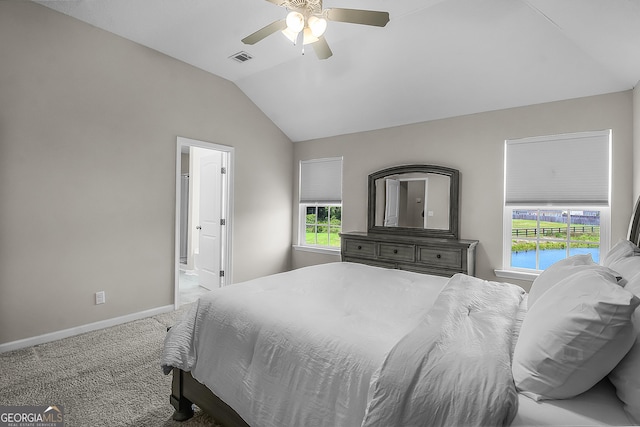 229 Wellspring Ter, Allenhurst, GA 31301 - carpeted bedroom featuring lofted ceiling, baseboards, multiple windows, ceiling fan, and ensuite bath