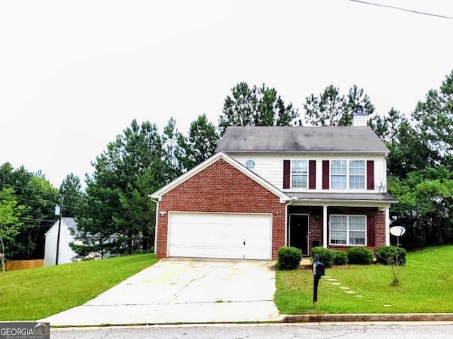 6902 Malvern Ct, Stonecrest, GA 30038 - traditional-style home with concrete driveway, a front yard, brick siding, and a chimney