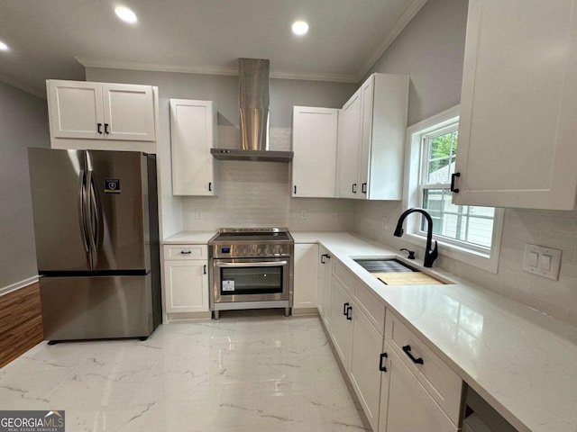 1766 W Lyle Ave, College Park, GA 30337 - kitchen with appliances with stainless steel finishes, wall chimney range hood, crown molding, recessed lighting, and backsplash