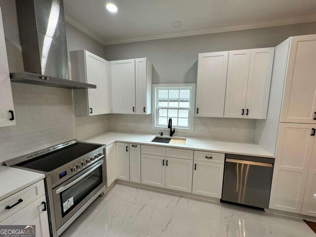 1766 W Lyle Ave, College Park, GA 30337 - kitchen with wall chimney range hood, stainless steel appliances, a sink, light marble finish flooring, and decorative backsplash