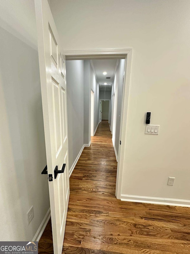 1766 W Lyle Ave, College Park, GA 30337 - hallway with baseboards, wood finished floors, and attic access