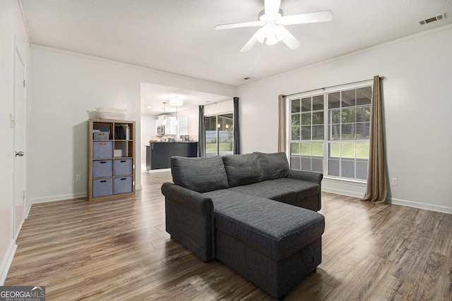 40 Briarwood Ln, Newnan, GA 30265 - living room with wood finished floors, ornamental molding, a ceiling fan, and baseboards