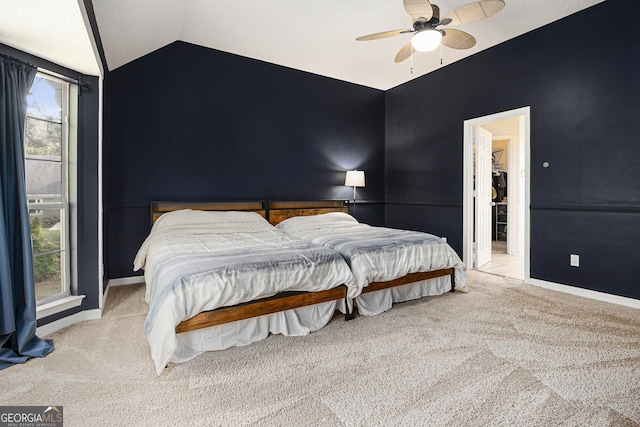 40 Briarwood Ln, Newnan, GA 30265 - bedroom featuring carpet, vaulted ceiling, baseboards, and ceiling fan