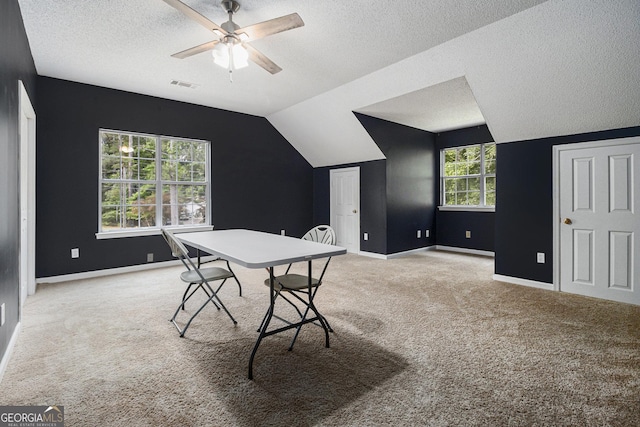 40 Briarwood Ln, Newnan, GA 30265 - office area featuring carpet, a textured ceiling, ceiling fan, lofted ceiling, and baseboards