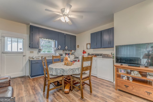 308 E 20th St SW, Rome, GA 30161 - kitchen with washer and dryer, a ceiling fan, light countertops, and light wood finished floors