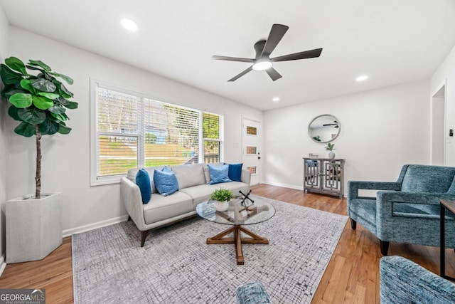 801 N Evelyn Pl NW, Atlanta, GA 30318 - living room featuring a ceiling fan, wood finished floors, and recessed lighting