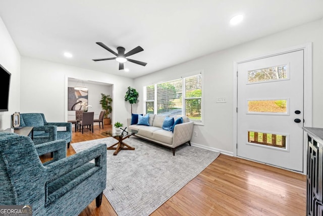 801 N Evelyn Pl NW, Atlanta, GA 30318 - living room featuring a ceiling fan, light wood-style flooring, and recessed lighting