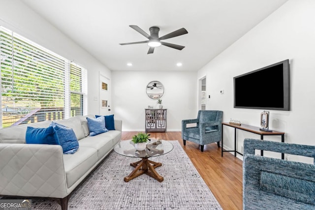 801 N Evelyn Pl NW, Atlanta, GA 30318 - living area with wood finished floors, ceiling fan, and recessed lighting