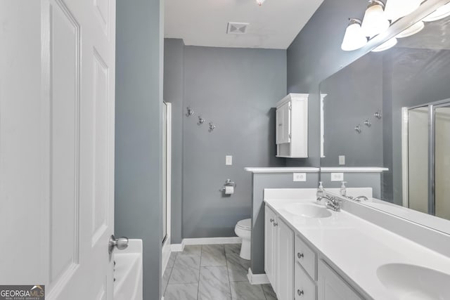 4044 Amberleigh Trce, Gainesville, GA 30507 - bathroom with a stall shower, marble look tiles, toilet, and double vanity