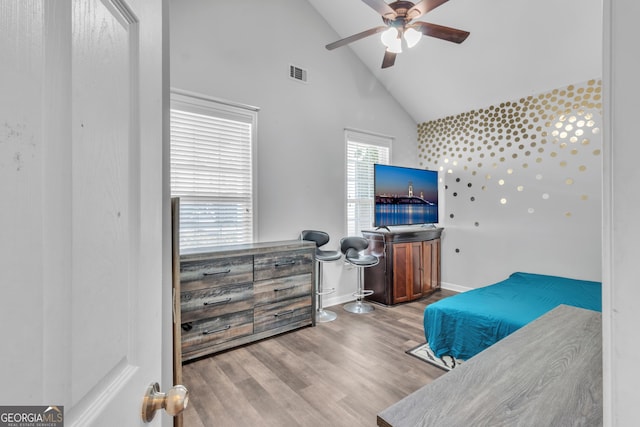 4044 Amberleigh Trce, Gainesville, GA 30507 - bedroom featuring baseboards, wood finished floors, high vaulted ceiling, and ceiling fan
