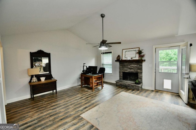1040 Matthew Ln, Madison, GA 30650 - living room with healthy amount of natural light, a ceiling fan, wood finished floors, lofted ceiling, and baseboards