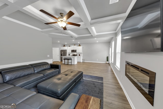 2037 Cedar Grove Rd, Conley, GA 30288 - living area with coffered ceiling, ceiling fan, beamed ceiling, light wood-style floors, and recessed lighting